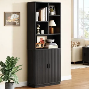 71" Tall Curved Bookshelf with Storage Cabinet