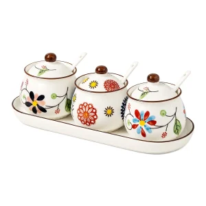 3-Piece Ceramic Spice Jar Set with Tray, Hand-Painted