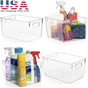 4 Pack Clear Plastic Storage Bins, Pantry Organizers