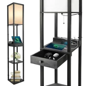 Floor Lamp with Shelves, 1 Drawer, 2 USB-C Ports