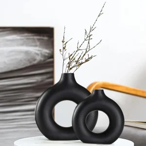 Ceramic Vases Set of 2, Modern Black Round Vase Rustic